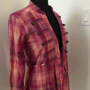 Long Pink Checkered Blouse with Button Detail